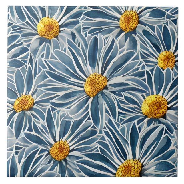 Large Blue and yellow Flowers Seamless Pattern Ceramic Tile (Front)