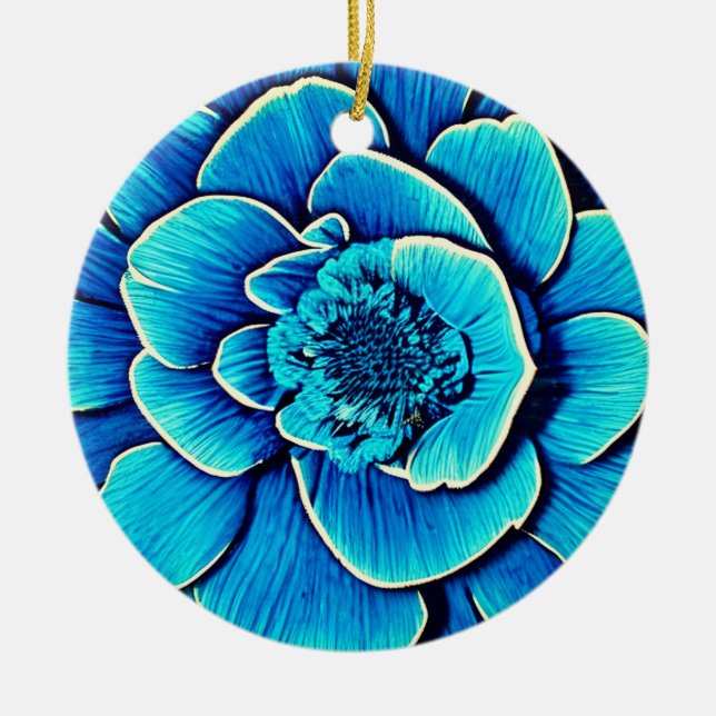 Large Blue Camellia Blossom Ceramic Ornament (Front)