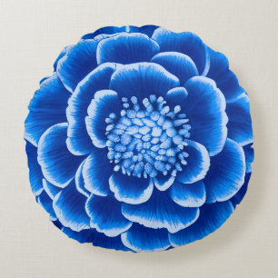 Large Blue Dahlia Flower Round Cushion