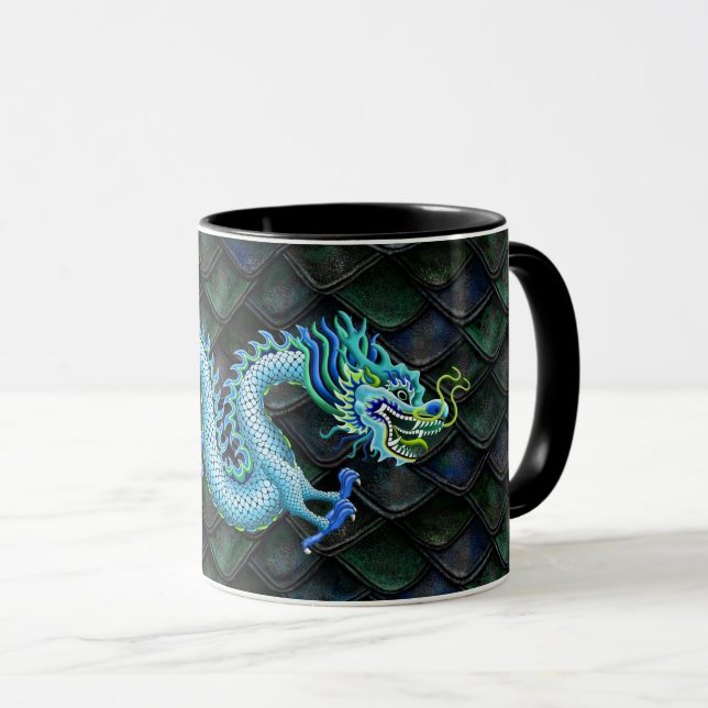 Large Blue Dragon on Dragon Scales Mug (Front Right)