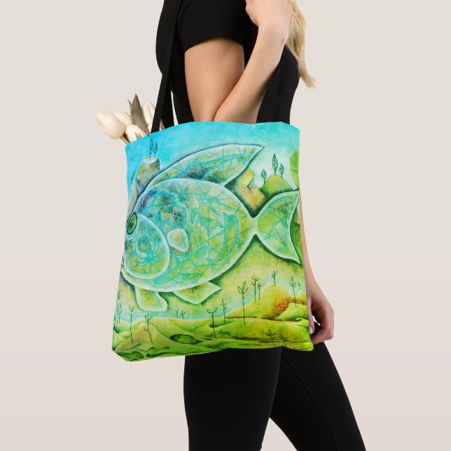 Large blue-green fish tote bag (Close Up)