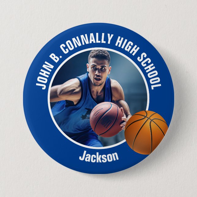 Large Blue High School Basketball Player Photo 7.5 Cm Round Badge (Front)