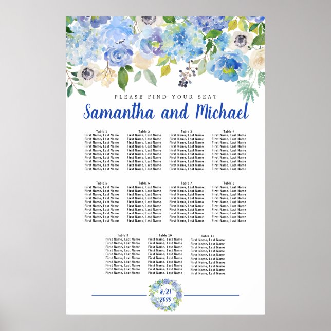 Large Blue Hydrangea 11-Table Seating Chart (Front)