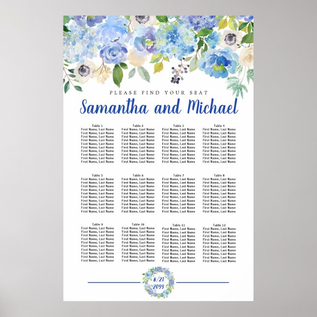 Large Blue Hydrangea 12-Table Seating Chart (Front)