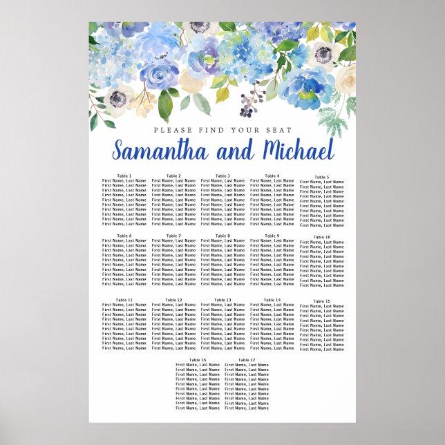 Large Blue Hydrangea 17-Table Seating Chart (Front)