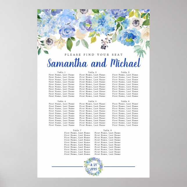 Large Blue Hydrangea 8-Table Seating Chart (Front)