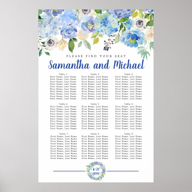 Large Blue Hydrangea 9-Table Seating Chart (Front)