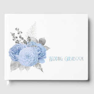 Large Blue Roses Silver Leaves Wedding Guest Book