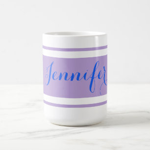 Large Blue Script Name, Lavender Stripes on White Coffee Mug