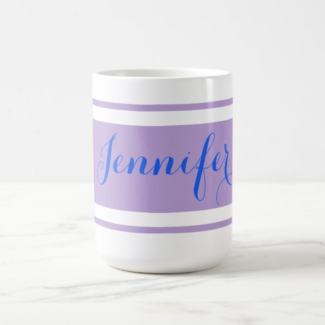 Large Blue Script Name, Lavender Stripes on White Coffee Mug (Center)