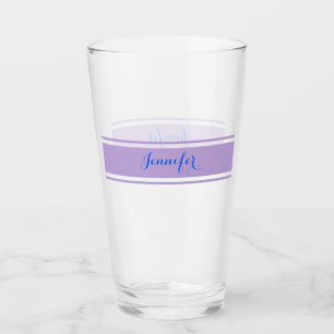 Large Blue Script Name, Lavender Stripes on White Glass