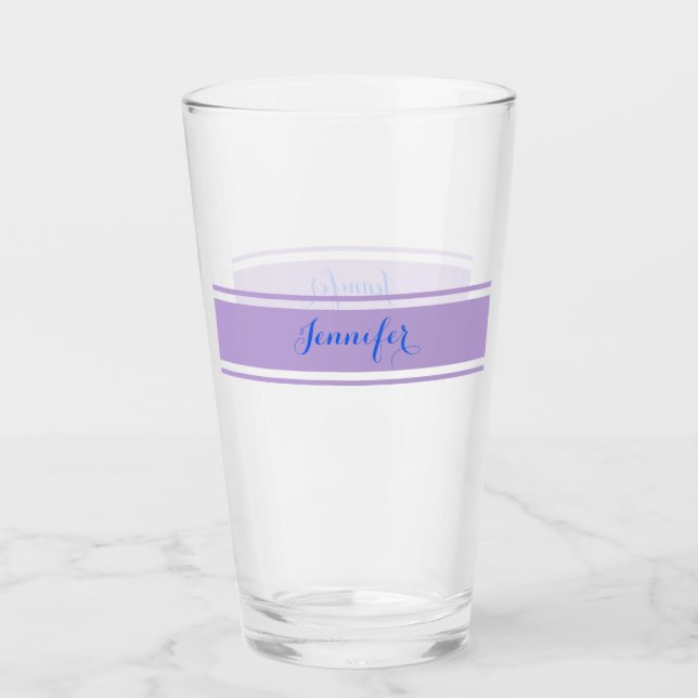 Large Blue Script Name, Lavender Stripes on White Glass (Front)