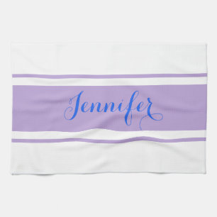 Large Blue Script Name, Lavender Stripes on White Tea Towel