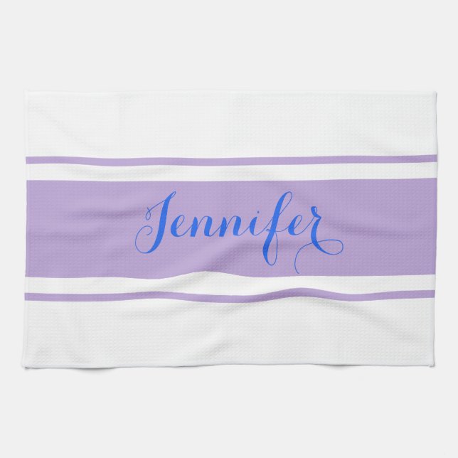 Large Blue Script Name, Lavender Stripes on White Tea Towel (Horizontal)