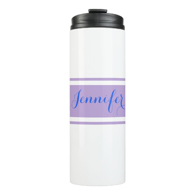 Large Blue Script Name, Lavender Stripes on White Thermal Tumbler (Front)