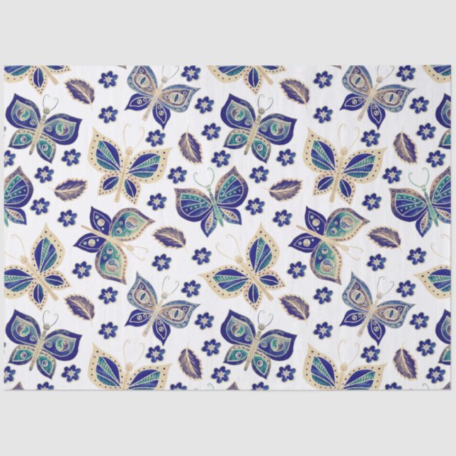 Large Blue Seamless Butterfly Pattern Decoupage Tissue Paper (Front)