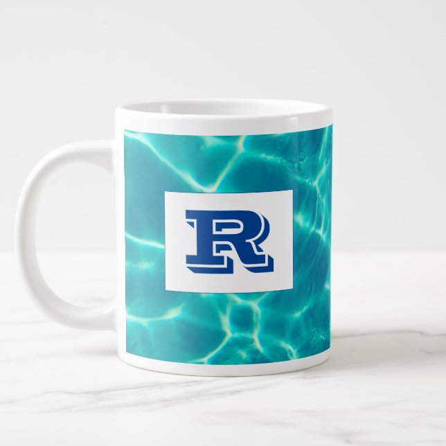 Large Bold Blue Monogram, Teal Pool Water Coffee Mug (Left)