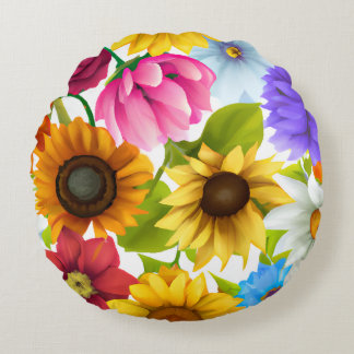 Large Bold Botanical Colourful Flowers   Round Cushion
