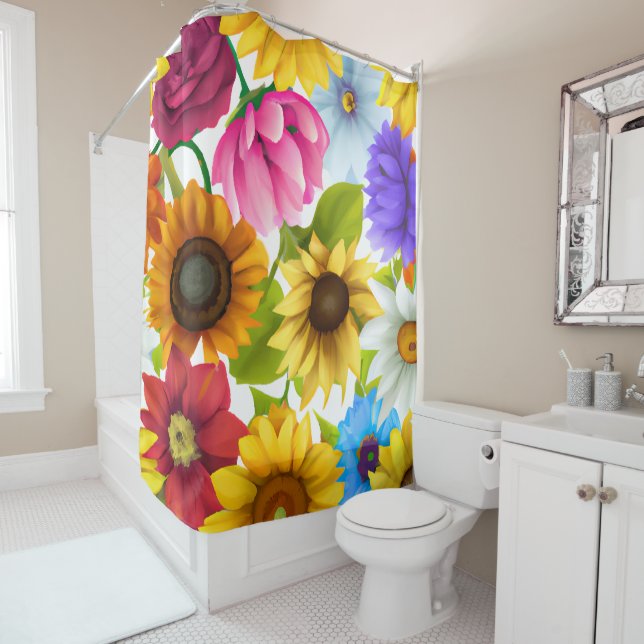 Large Bold Botanical Colourful Flowers  Shower Curtain (In Situ)