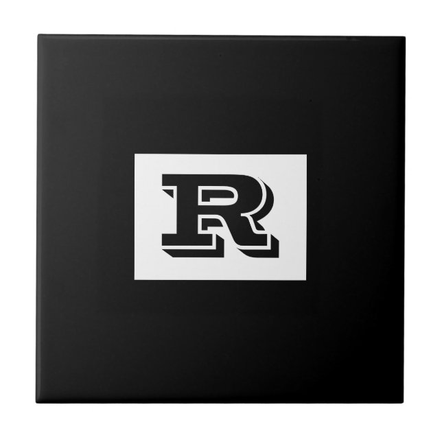Large Bold Outlined Black Monogram, Black Ceramic Tile (Front)