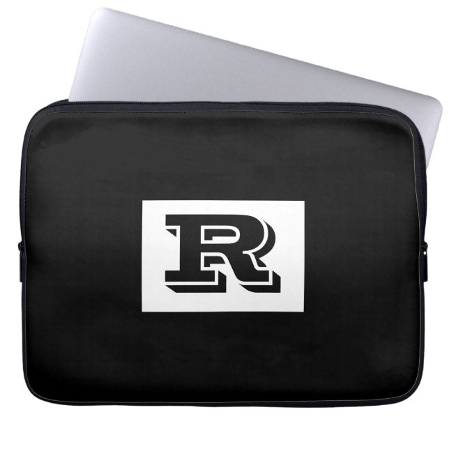 Large Bold Outlined Black Monogram, Black Laptop Sleeve (Front)