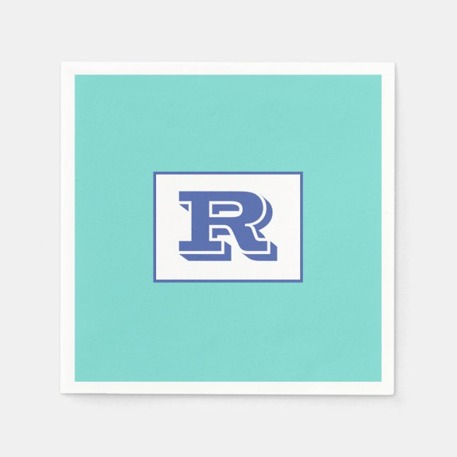 Large Bold Outlined Blue Monogram on Light Teal Napkin (Front)