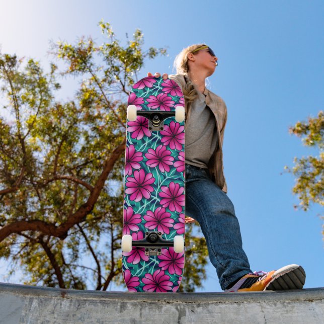 Large Bright Pink Flower Pattern Skateboard (Outdoor 1)