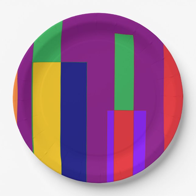 Large bright stripes on purple backdrop paper plate (Front)