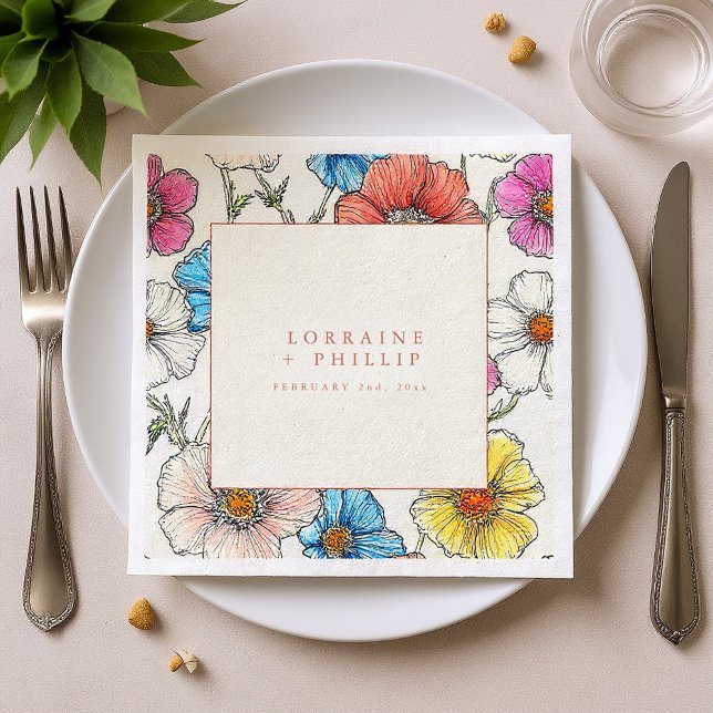 Large bright wild flowers wedding napkin (Large bright wild flowers wedding napkin.)