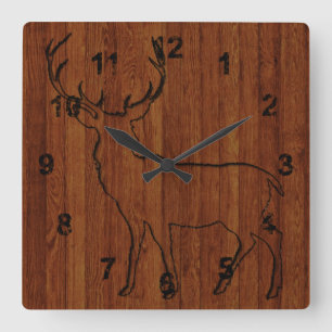 Large Buck Deer Carved In Wood Printed Square Wall Clock