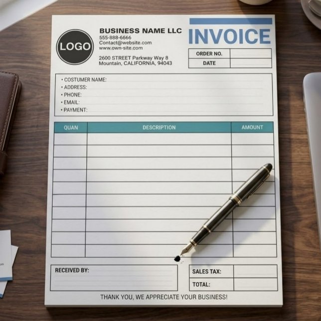 Large Business Sales Form / Receipt | Custom Logo Notepad (custom logo cake order form, modern bakery sales receipt template, personalized small business order)