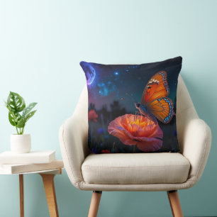 Large butterfly on psychedelic poppy cushion