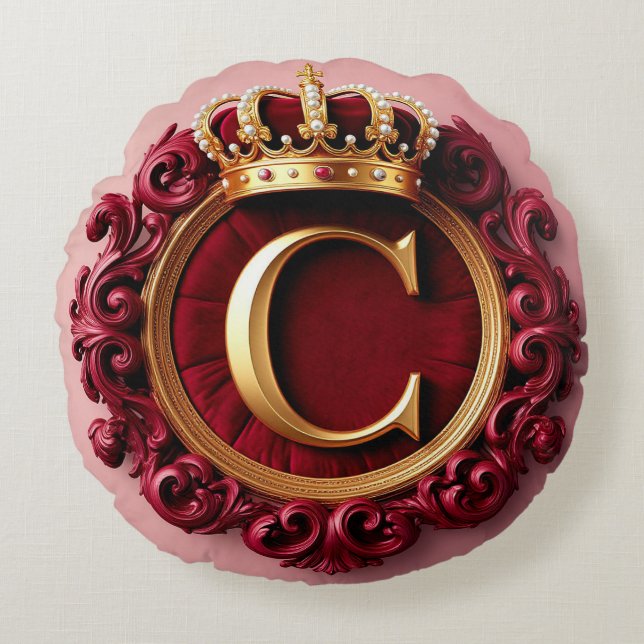 Large C Monogram on Red Velvet Round Cushion (Front)