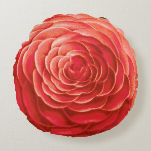 Large Camellia Blossom, Coral Orange Round Cushion