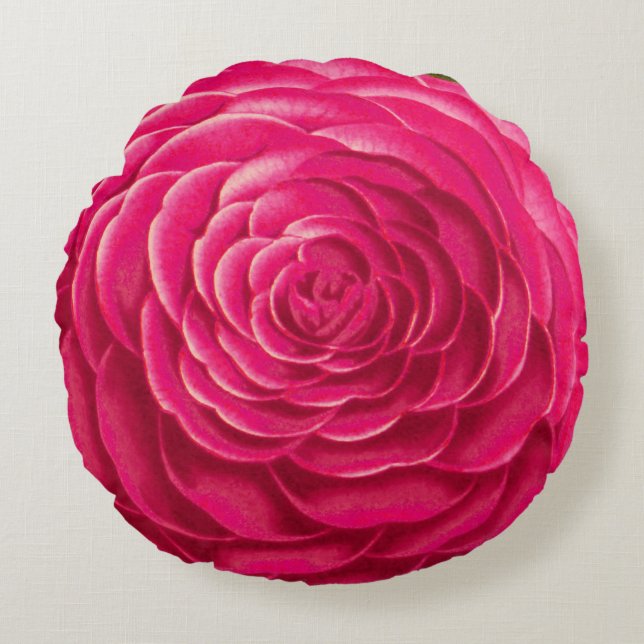 Large Camellia Blossom, Fuchsia Pink Round Cushion (Front)
