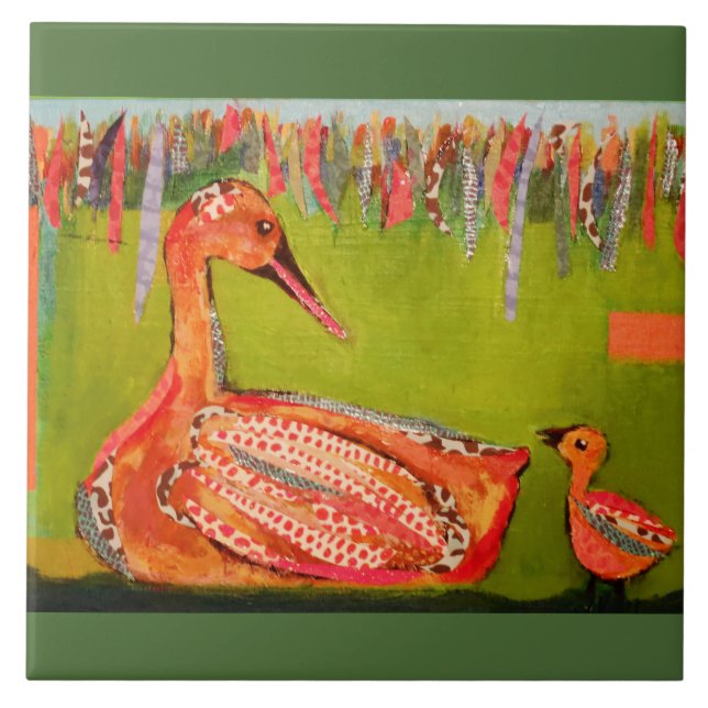 Large Ceramic Photo Tile (6 Inch) with Cute Ducks (Front)