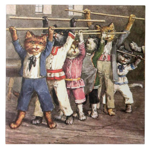 Large Ceramic Tile Exercising Kitty Cats! Funny!!!