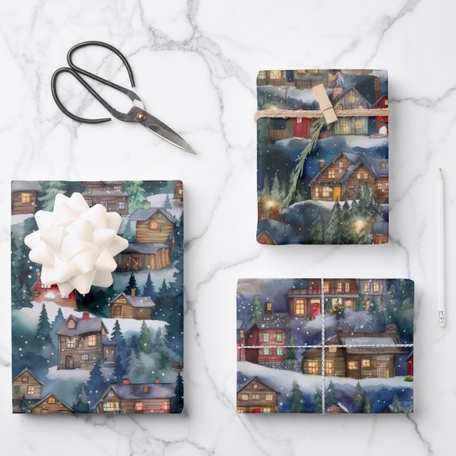 Large Christmas Winter Cabins Watercolor Wrapping Paper Sheet (Front)