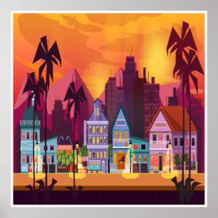 Large City and Town Scene Art Poster
