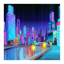 Large City Night Scene Panoramic Art Poster