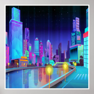 Large City Night Scene Panoramic Art Poster