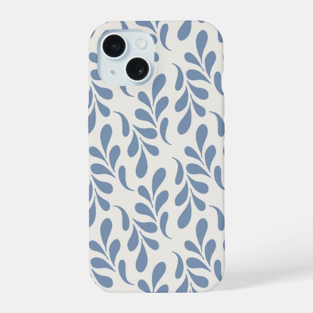 Large Coastal Blue Botanical Leaf Pattern iPhone 15 Case (Back)