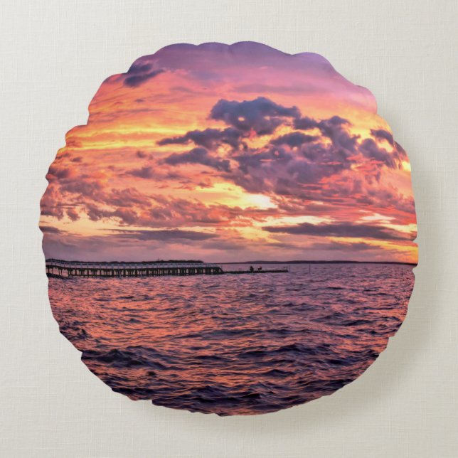 Large colorful sunset over waterbeach,beautiful,c round cushion (Front)