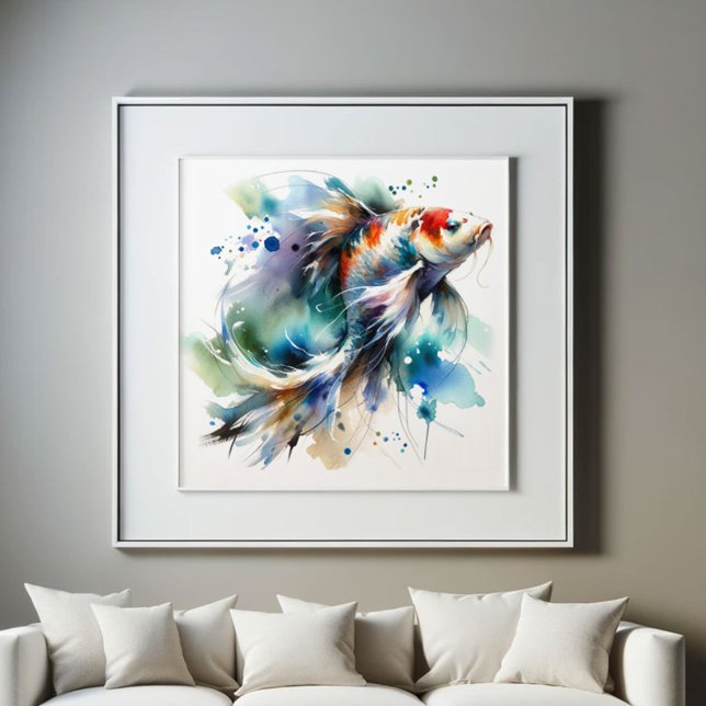 Large Colourful Koi Fish Watercolor Art Poster (Koi fish watercolor art in colorful shades of red, blue green and purple. )