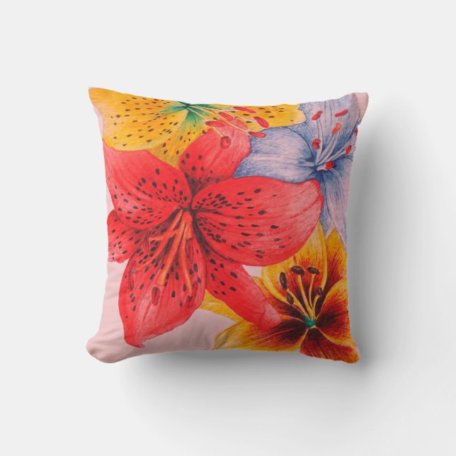large colourful lily design contempory flower cushion (Front)