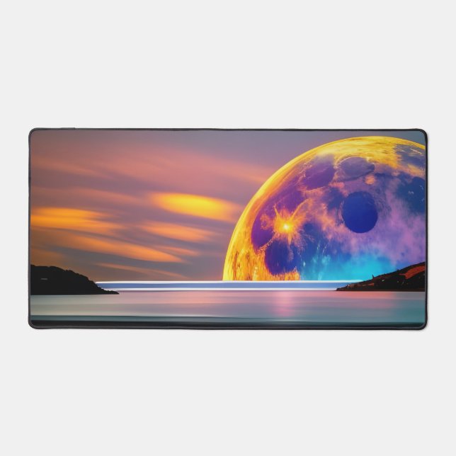 Large Colourful moon rises over water Desk Mat (Front)