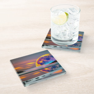 Large Colourful moon rises over water- reflecting Glass Coaster