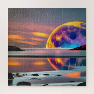 Large Colourful moon rises over water- reflecting Jigsaw Puzzle