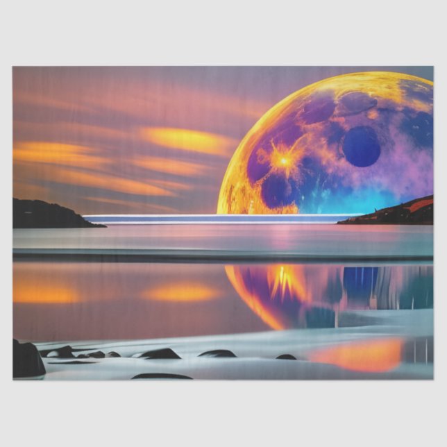 Large Colourful moon rises over water- reflecting Tissue Paper (Front)