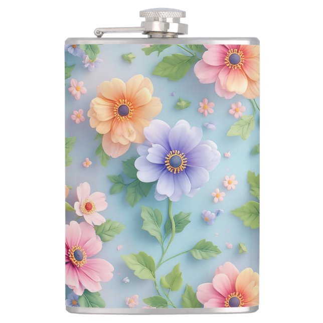 Large Colourful Paper Flowers Hip Flask (Front)